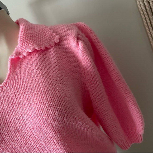 Handmade Vintage Bubblegum Pink Knit Polo Sweater Puff Sleeve Retro Size XL - Picture 4 of 7